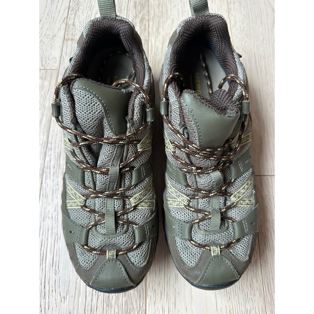 Merrell Womens Waterproof Hiking Shoes Olive Green Brown Vibram Sole Low Top